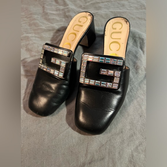 Gucci— Madelyn Malaga Crystal Square G Leather Mules 35 / 36 Block Heel - Picture 6 of 16